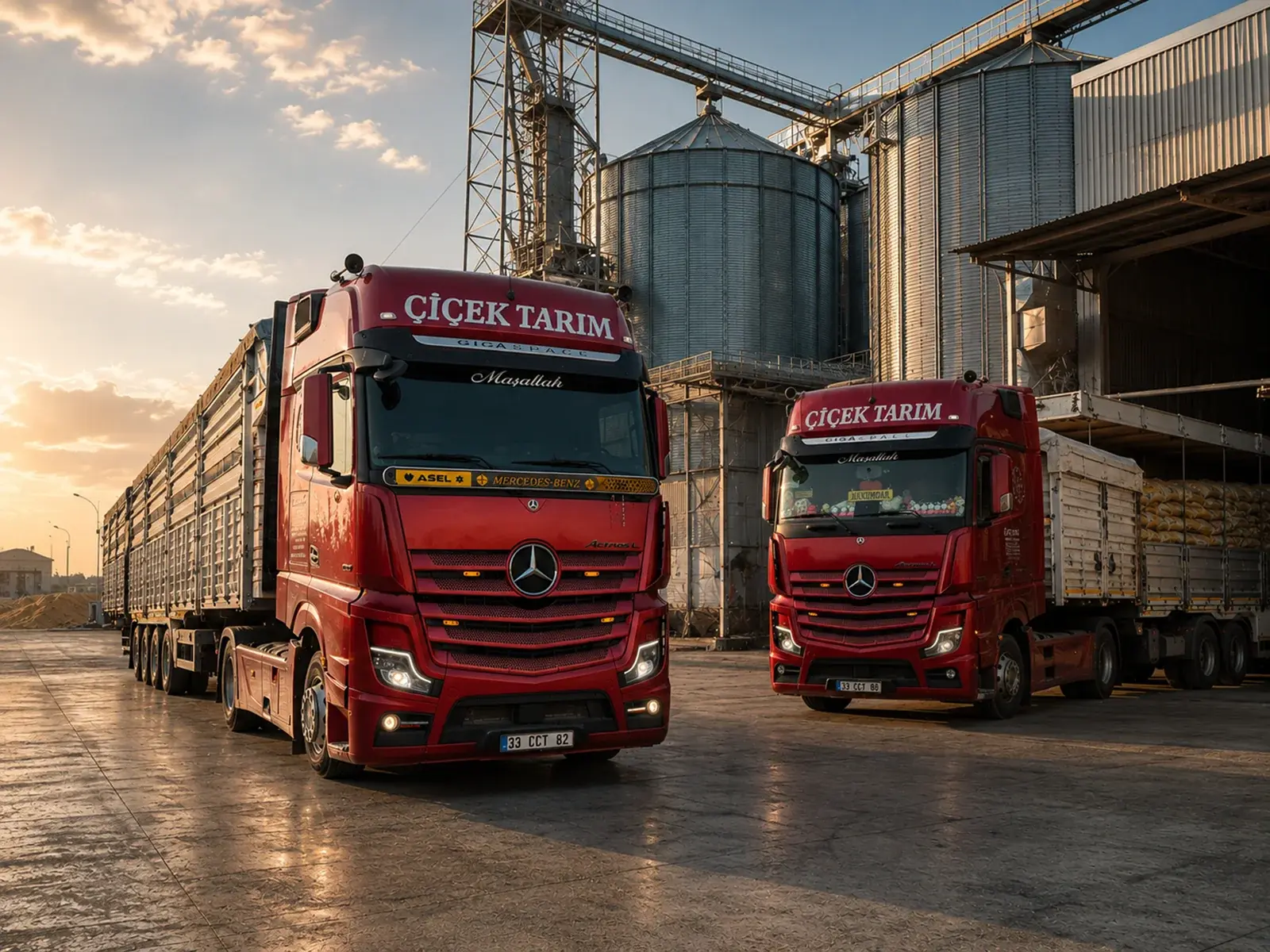 Silo tesisinde yükleme bekleyen iki Çiçek Tarım tırı